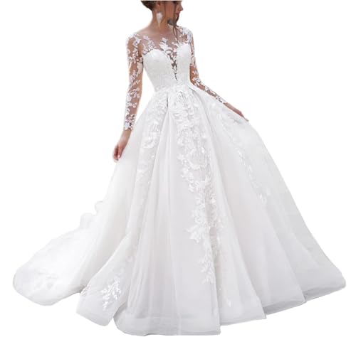 JAEDEN Brautkleid Lang Prinzessin Spitze Langarm Hochzeitskleid A-Linie Standesamtliche Trauung Kleid mit Schleppe Weiß 32 JAEDEN Brautkleid Lang Prinzessin Spitze Langarm Hochzeitskleid A-Linie Standesamtliche Trauung Kleid mit Schleppe Weiß 32 von JAEDEN