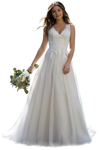 JAEDEN Brautkleider Damen V-Ausschnitt Braut Standesamtkleider Lang Tüll Hochzeitskleider A-Linie Elfenbein 56 von JAEDEN