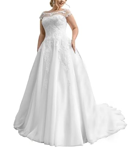 JAEDEN Brautkleider Grosse Grössen A-Linie Prinzessin Hochzeitskleider Tüll Spitzen Brautkleid Standesamtliche Trauung Kleider Weiß 54 von JAEDEN