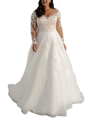 JAEDEN Brautkleider Grosse Grössen Hochzeitskleider A-Linie Prinzessin Standesamtliche Brautkleid mit Ärmel Elfenbein 40 von JAEDEN