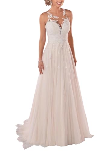 JAEDEN Brautkleider Grosse Grössen Spitze Tüll Brautkleid Prinzessin Standesamtkleid A Linie Hochzeitskleider für Damen Ärmellos Elfenbein 52 von JAEDEN