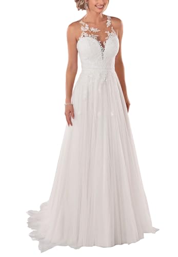 JAEDEN Brautkleider Grosse Grössen Spitze Tüll Brautkleid Prinzessin Standesamtkleid A Linie Hochzeitskleider für Damen Ärmellos Weiß 48 von JAEDEN