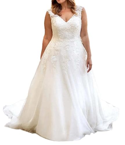 JAEDEN Brautkleider Hochzeitskleider A Linie Grosse Grössen Standesamtkleid V-Ausschnitt Boho Braut Kleid Ärmellos Elfenbein 44 von JAEDEN