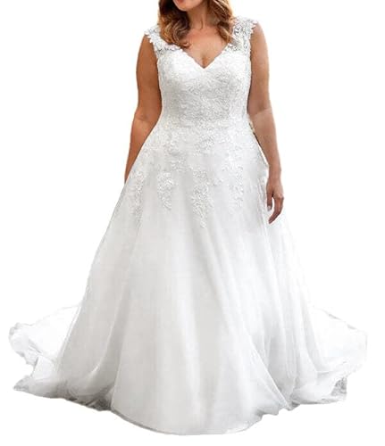JAEDEN Brautkleider Hochzeitskleider A Linie Grosse Grössen Standesamtkleid V-Ausschnitt Boho Braut Kleid Ärmellos Weiß 50 von JAEDEN