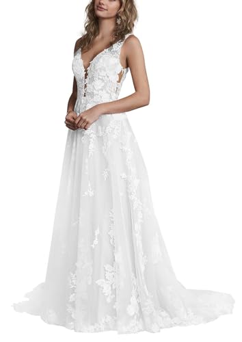JAEDEN Brautkleider Hochzeitskleider Standesamt Damen Spitzen Lang Glitzer V-Ausschnitt Trauung Kleid Ärmellos Weiß 32 JAEDEN Brautkleider Hochzeitskleider Standesamt Damen Spitzen Lang Glitzer V-Ausschnitt Trauung Kleid Ärmellos Weiß 32 von JAEDEN