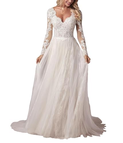 JAEDEN Brautkleider Langarm Hochzeitskleid Tüll Spitze V Ausschnitt Boho Standesamtkleid A-Linie Brautmode Elfenbein EU34 von JAEDEN