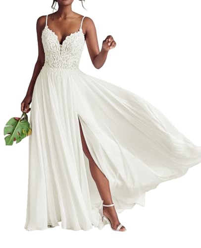 JAEDEN Brautkleider mit Schlitz Boho Strand Hochzeitskleider Chiffon Spitze Braut Kleid Elfenbein 46 von JAEDEN