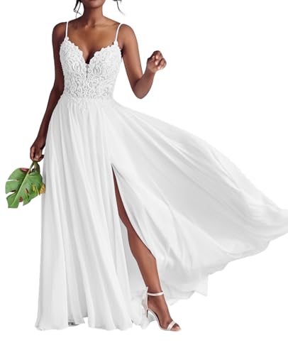 JAEDEN Brautkleider mit Schlitz Boho Strand Hochzeitskleider Chiffon Spitze Braut Kleid Weiß 32 von JAEDEN