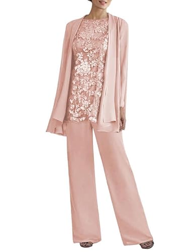 JAEDEN Brautmutter Anzug 3tlg - Chiffon Mutter Der Braut Hosenanzug mit Jacke Hochzeitsgast Hosen Set Altrosa 40 von JAEDEN