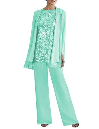 JAEDEN Brautmutter Anzug 3tlg - Chiffon Mutter Der Braut Hosenanzug mit Jacke Hochzeitsgast Hosen Set Aqua 52 von JAEDEN
