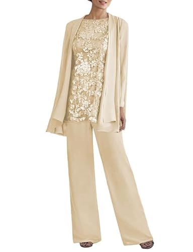 JAEDEN Brautmutter Anzug 3tlg - Chiffon Mutter Der Braut Hosenanzug mit Jacke Hochzeitsgast Hosen Set Champagner 38 von JAEDEN