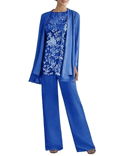 JAEDEN Brautmutter Anzug 3tlg - Chiffon Mutter Der Braut Hosenanzug mit Jacke Hochzeitsgast Hosen Set Dunkel Meerblau 48 von JAEDEN