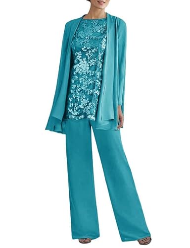 JAEDEN Brautmutter Anzug 3tlg - Chiffon Mutter Der Braut Hosenanzug mit Jacke Hochzeitsgast Hosen Set Dunkles Türkis 58 von JAEDEN
