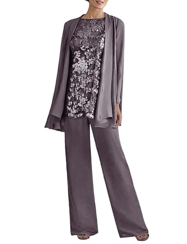 JAEDEN Brautmutter Anzug 3tlg - Chiffon Mutter Der Braut Hosenanzug mit Jacke Hochzeitsgast Hosen Set Grau 54 von JAEDEN