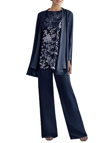 JAEDEN Brautmutter Anzug 3tlg - Chiffon Mutter Der Braut Hosenanzug mit Jacke Hochzeitsgast Hosen Set Marineblau 46 von JAEDEN