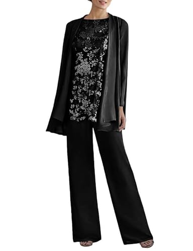 JAEDEN Brautmutter Anzug 3tlg - Chiffon Mutter Der Braut Hosenanzug mit Jacke Hochzeitsgast Hosen Set Schwarz 58 von JAEDEN