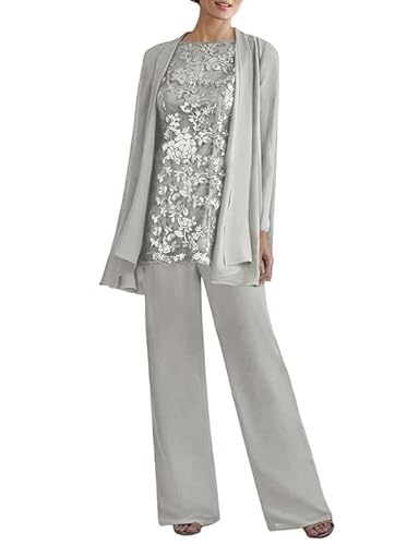 JAEDEN Brautmutter Anzug 3tlg - Chiffon Mutter Der Braut Hosenanzug mit Jacke Hochzeitsgast Hosen Set Sliber 50 von JAEDEN