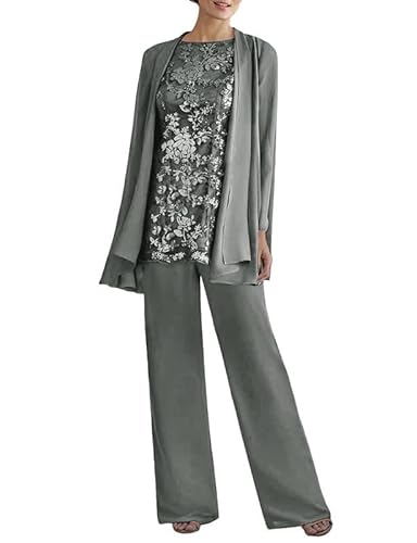 JAEDEN Brautmutter Anzug 3tlg - Chiffon Mutter Der Braut Hosenanzug mit Jacke Hochzeitsgast Hosen Set Stahlgrau 52 von JAEDEN