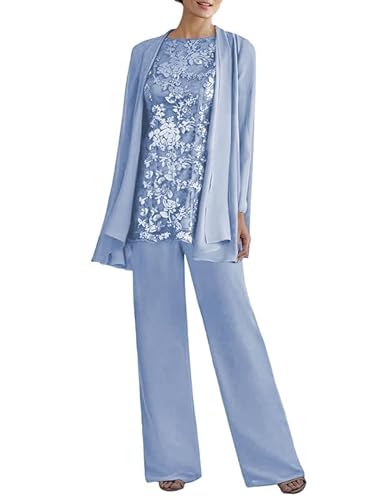 JAEDEN Brautmutter Anzug 3tlg - Chiffon Mutter Der Braut Hosenanzug mit Jacke Hochzeitsgast Hosen Set Staubiges Blau 42 von JAEDEN