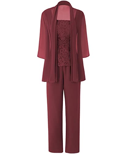 JAEDEN Brautmutter Anzug für Hochzeit - 3 Teilig Chiffon Mutter der Braut Abendanzug Festlich Hosenanzug mit Jacke Burgund 44 von JAEDEN