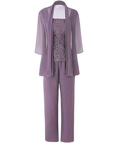JAEDEN Brautmutter Anzug für Hochzeit - 3 Teilig Chiffon Mutter der Braut Abendanzug Festlich Hosenanzug mit Jacke Hellgrau 42 von JAEDEN