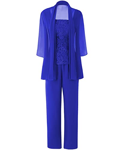JAEDEN Brautmutter Anzug für Hochzeit - 3 Teilig Chiffon Mutter der Braut Abendanzug Festlich Hosenanzug mit Jacke Königsblau 44 von JAEDEN