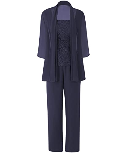 JAEDEN Brautmutter Anzug für Hochzeit - 3 Teilig Chiffon Mutter der Braut Abendanzug Festlich Hosenanzug mit Jacke Marineblau 48 von JAEDEN