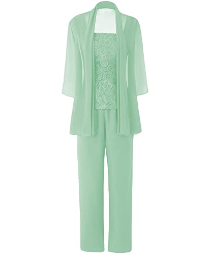 JAEDEN Brautmutter Anzug für Hochzeit - 3 Teilig Chiffon Mutter der Braut Abendanzug Festlich Hosenanzug mit Jacke Mintgrün 38 von JAEDEN
