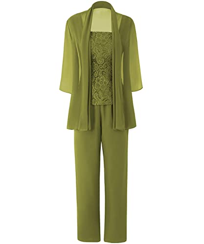 JAEDEN Brautmutter Anzug für Hochzeit - 3 Teilig Chiffon Mutter der Braut Abendanzug Festlich Hosenanzug mit Jacke Oliv 50 von JAEDEN