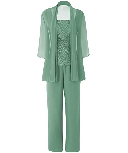 JAEDEN Brautmutter Anzug für Hochzeit - 3 Teilig Chiffon Mutter der Braut Abendanzug Festlich Hosenanzug mit Jacke Pastellgrün 52 von JAEDEN