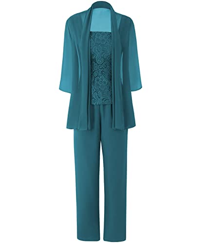 JAEDEN Brautmutter Anzug für Hochzeit - 3 Teilig Chiffon Mutter der Braut Abendanzug Festlich Hosenanzug mit Jacke Pfau 38 von JAEDEN