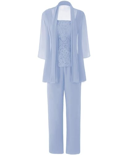 JAEDEN Brautmutter Anzug für Hochzeit - 3 Teilig Chiffon Mutter der Braut Abendanzug Festlich Hosenanzug mit Jacke Staubiges Blau 44 von JAEDEN