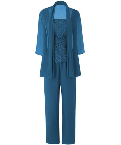 JAEDEN Brautmutter Anzug für Hochzeit - 3 Teilig Chiffon Mutter der Braut Abendanzug Festlich Hosenanzug mit Jacke Teal 48 von JAEDEN
