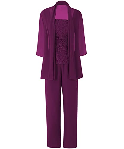JAEDEN Brautmutter Anzug für Hochzeit - 3 Teilig Chiffon Mutter der Braut Abendanzug Festlich Hosenanzug mit Jacke Traube 44 von JAEDEN
