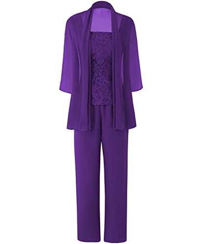 JAEDEN Brautmutter Anzug für Hochzeit - 3 Teilig Chiffon Mutter der Braut Abendanzug Festlich Hosenanzug mit Jacke Violett 38 von JAEDEN