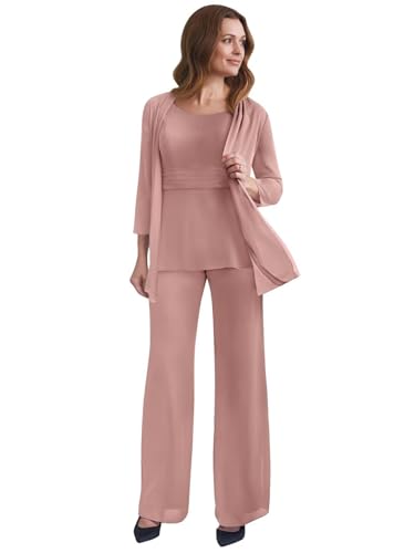 JAEDEN Brautmutter Hosenanzug 3 Teilig Formell Anzug Chiffon Festliche Hosenanzüge für Damen Altrosa 48 von JAEDEN
