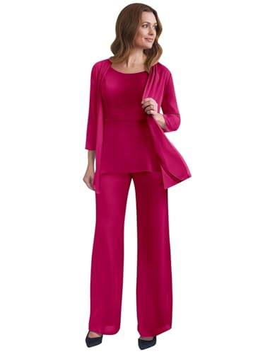 JAEDEN Brautmutter Hosenanzug 3 Teilig Formell Anzug Chiffon Festliche Hosenanzüge für Damen Fuchsie 50 von JAEDEN