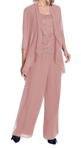 JAEDEN Brautmutter Hosenanzug Damen Chiffon Hosenanzüge Festlich Hosen Set 3 Teilig Abendanzug Altrosa 48 von JAEDEN