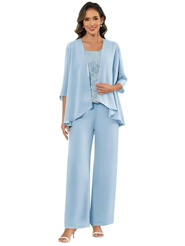 JAEDEN Brautmutter Hosenanzug für Hochzeit - Damen 3 Teilig Hochzeitsgast Festlich Hosenanzug mit Jacke Himmelblau 52 von JAEDEN