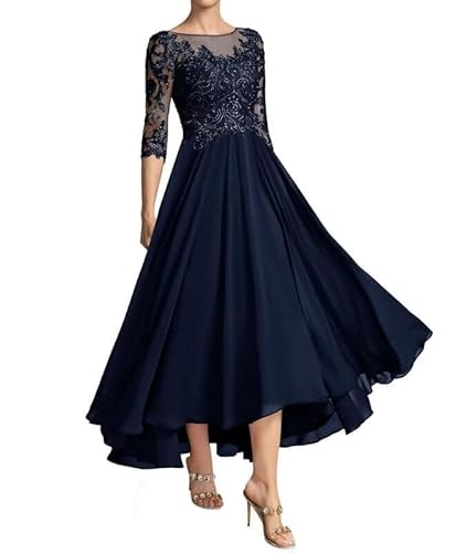 JAEDEN Brautmutterkleid Vokuhila Chiffon Abendkleider für Hochzeit 3/4 Ärmel Hochzeit Gast Kleider Marineblau 38 von JAEDEN