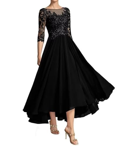 JAEDEN Brautmutterkleid Vokuhila Chiffon Abendkleider für Hochzeit 3/4 Ärmel Hochzeit Gast Kleider Schwarz 42 von JAEDEN