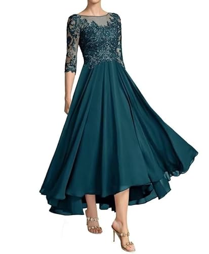 JAEDEN Brautmutterkleid Vokuhila Chiffon Abendkleider für Hochzeit 3/4 Ärmel Hochzeit Gast Kleider Teal 44 von JAEDEN