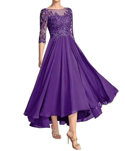 JAEDEN Brautmutterkleid Vokuhila Chiffon Abendkleider für Hochzeit 3/4 Ärmel Hochzeit Gast Kleider Violett 36 von JAEDEN