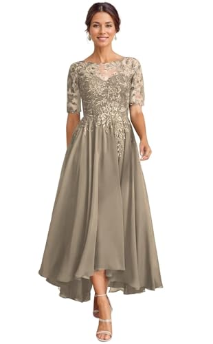JAEDEN Brautmutterkleid für Hochzeit Wadenlang Spitze Abendkleider 1/2 Ärmel Festkleid Chiffon Hochzeitsgast Kleid Taupe 46 von JAEDEN