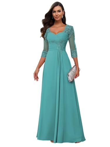 JAEDEN Brautmutterkleid mit Ärmel Spitze Appliques Abendkleid für Hochzeit Lang Chiffon Hochzeitsgast Kleider Aqua 38 von JAEDEN