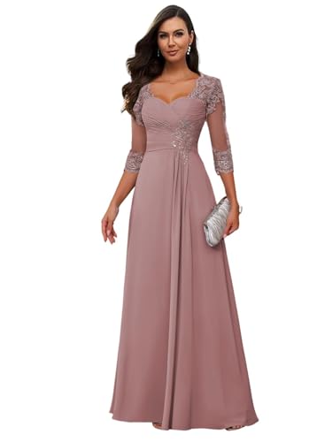 JAEDEN Brautmutterkleid mit Ärmel Spitze Appliques Abendkleid für Hochzeit Lang Chiffon Hochzeitsgast Kleider Mauve 42 von JAEDEN