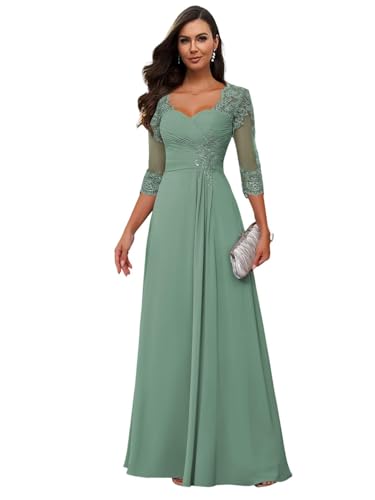 JAEDEN Brautmutterkleid mit Ärmel Spitze Appliques Abendkleid für Hochzeit Lang Chiffon Hochzeitsgast Kleider Pastellgrün 42 von JAEDEN
