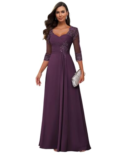 JAEDEN Brautmutterkleid mit Ärmel Spitze Appliques Abendkleid für Hochzeit Lang Chiffon Hochzeitsgast Kleider Plum 48 von JAEDEN