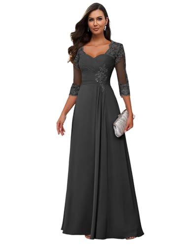 JAEDEN Brautmutterkleid mit Ärmel Spitze Appliques Abendkleid für Hochzeit Lang Chiffon Hochzeitsgast Kleider Schwarz 58 von JAEDEN