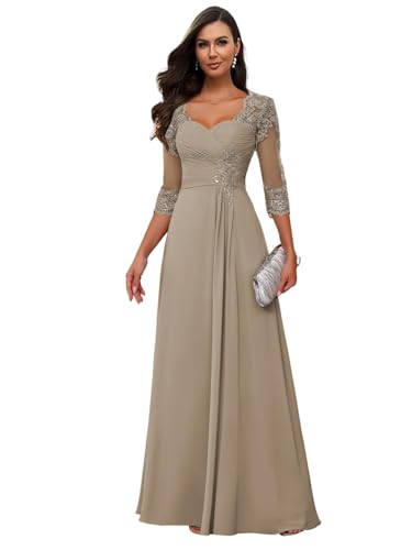 JAEDEN Brautmutterkleid mit Ärmel Spitze Appliques Abendkleid für Hochzeit Lang Chiffon Hochzeitsgast Kleider Taupe 40 von JAEDEN